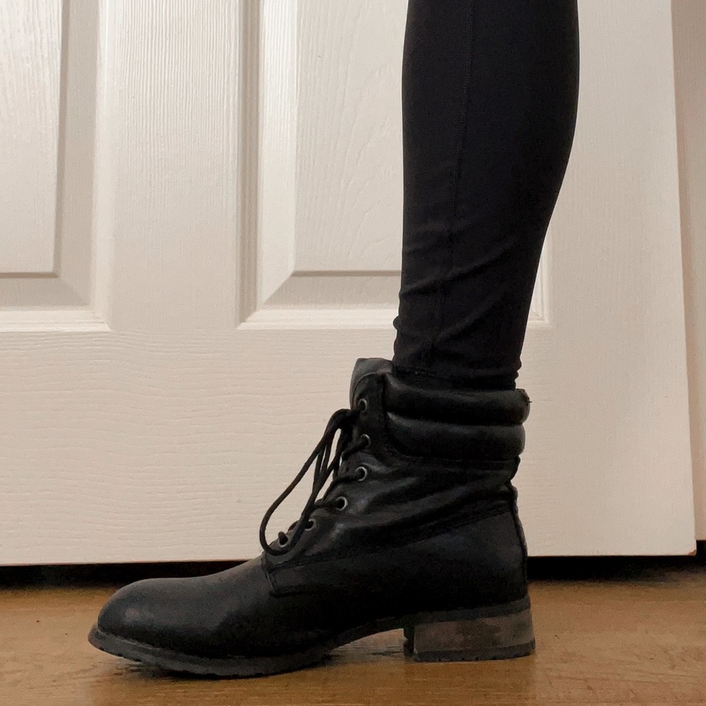 Black Leather Lace Up Combat Boots - Picture 2 of 5